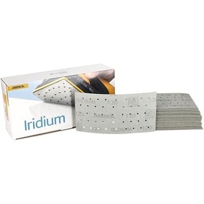 Mirka Iridium Premium Sandpaper 93x180mm Hook & loop 45-Hole, Grit 120, 50 pcs/For sanding paint, putty, primer, wood, steel, mineral materials, plastic. Mirka Iridium Premium Sandpaper 93x180mm Hook & loop 45-Hole, Grit 120, 50 pcs/For sanding paint, putty, primer, wood, steel, mineral materials, plastic.