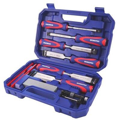 WORKPRO 10-Piece Wood Chisel Set with Sharpening Kit Cr-V Steel Blades, 6–38 mm Sizes, Honing Guide, Wood Carving & DIY WORKPRO 10-Piece Wood Chisel Set with Sharpening Kit Cr-V Steel Blades, 6–38 mm Sizes, Honing Guide, Wood Carving & DIY