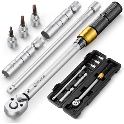 VIGRUE Torque Wrench Bicycle 3/8 Inch, Torque Wrench 10-60 Nm ±3% Error Accuracy with Extension Rod, Universal Joint, Spark Plug Sleeve, Bits for Bicycle, Motorcycle and Car VIGRUE Torque Wrench Bicycle 3/8 Inch, Torque Wrench 10-60 Nm ±3% Error Accuracy with Extension Rod, Universal Joint, Spark Plug Sleeve, Bits for Bicycle, Motorcycle and Car