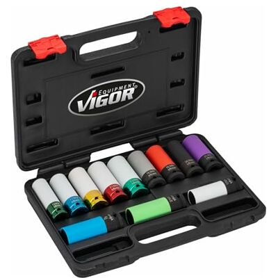Vigor V6312/12 Socket Wrench Set for Impact Wrench, 12 Pieces, Wheel Bolt Protection with Plastic Case, Suitable for KIA, Hyundai, Mercedes, Benz, Sizes SW 15-22.2 mm Vigor V6312/12 Socket Wrench Set for Impact Wrench, 12 Pieces, Wheel Bolt Protection with Plastic Case, Suitable for KIA, Hyundai, Mercedes, Benz, Sizes SW 15-22.2 mm