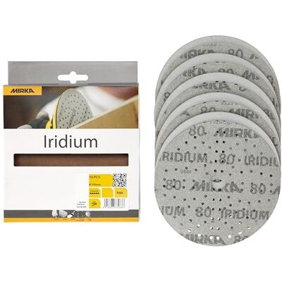 Mirka Iridium Premium Sandpaper Ø 150mm Hook & loop 121-Hole, Grit 80, 10 pcs/For sanding of paint, putty, primer, wood, steel, mineral materials, plastic. Mirka Iridium Premium Sandpaper Ø 150mm Hook & loop 121-Hole, Grit 80, 10 pcs/For sanding of paint, putty, primer, wood, steel, mineral materials, plastic.
