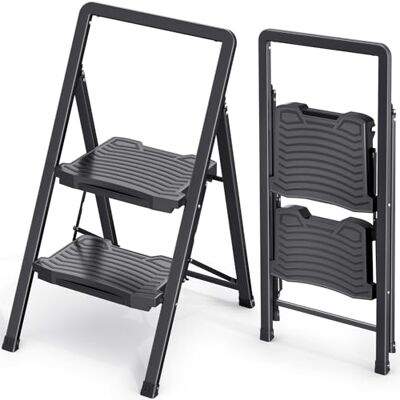 KINGRACK 2 Step Folding Ladder Steel Step Stool with Handrail, Wide Pedal, 330 lbs Capacity – Foldable Heavy Duty Ladder for Home, Kitchen – Black KINGRACK 2 Step Folding Ladder Steel Step Stool with Handrail, Wide Pedal, 330 lbs Capacity – Foldable Heavy Duty Ladder for Home, Kitchen – Black