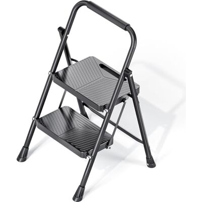 KINGRACK 2 Step Ladder, Folding Steel Step Ladder with Handrail, Anti-Slip Wide Pedals, Safe Lock Design, Heavy Duty 226kg Load, Portable Ladder for Home, Kitchen, and Office Use, Black KINGRACK 2 Step Ladder, Folding Steel Step Ladder with Handrail, Anti-Slip Wide Pedals, Safe Lock Design, Heavy Duty 226kg Load, Portable Ladder for Home, Kitchen, and Office Use, Black