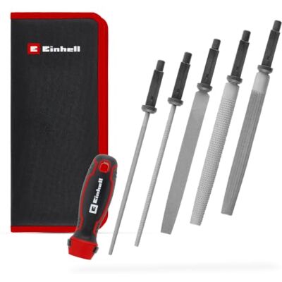 Einhell Accessories Einhell 6-Piece File Set with Interchangeable Handle, 200 mm Metal Files with Double and Single Cut Wood Rasps with Coarse Teeth Incl. Zipped Bag Einhell Accessories Einhell 6-Piece File Set with Interchangeable Handle, 200 mm Metal Files with Double and Single Cut Wood Rasps with Coarse Teeth Incl. Zipped Bag
