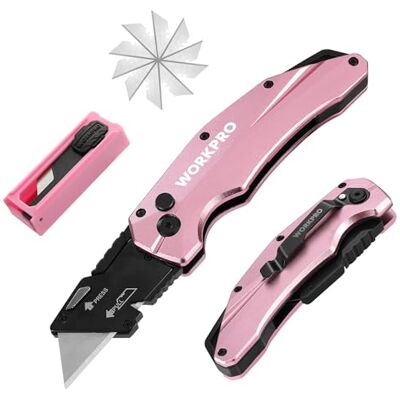 WORKPRO Folding Utility Knife with 10 SK5 Blades, Box Cutter with Belt Clip Heavy-Duty, Secure Axis Lock, Matte-finished Non-Slip Handle, All-metal Body, Sharp & Durable Blade, Lanyard Hole WORKPRO Folding Utility Knife with 10 SK5 Blades, Box Cutter with Belt Clip Heavy-Duty, Secure Axis Lock, Matte-finished Non-Slip Handle, All-metal Body, Sharp & Durable Blade, Lanyard Hole