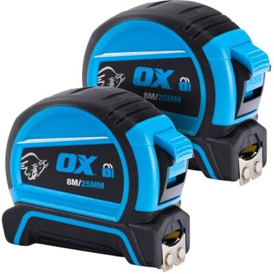 OX Pro Double Locking Tape Measure Metric Only 8m Twin Pack Magnetic End Hook, Double Sided Nylon-Coated Blade, Shock-Resistant Rubber Housing, Thumb Lock Release, Belt Clip OX Pro Double Locking Tape Measure Metric Only 8m Twin Pack Magnetic End Hook, Double Sided Nylon-Coated Blade, Shock-Resistant Rubber Housing, Thumb Lock Release, Belt Clip