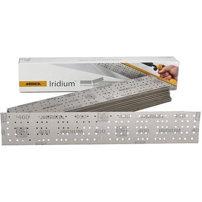 Mirka Iridium Premium Sandpaper 70x400mm and 70x198mm / Center perforated/Hook & loop/Grit 400, 50 pcs/For sanding paint, putty, primer, wood, steel, mineral materials, plastic. Mirka Iridium Premium Sandpaper 70x400mm and 70x198mm / Center perforated/Hook & loop/Grit 400, 50 pcs/For sanding paint, putty, primer, wood, steel, mineral materials, plastic.