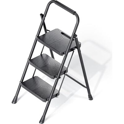 KINGRACK 3 Step Ladder, Folding Steel Step Ladder with Handrail, Anti-Slip Wide Pedals, Safe Lock Design, Heavy Duty 226kg Load, Portable Ladder for Home, Kitchen, and Office Use, Black KINGRACK 3 Step Ladder, Folding Steel Step Ladder with Handrail, Anti-Slip Wide Pedals, Safe Lock Design, Heavy Duty 226kg Load, Portable Ladder for Home, Kitchen, and Office Use, Black