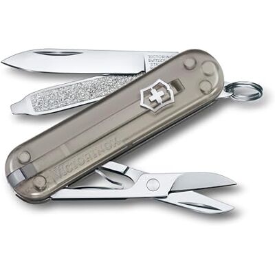 Victorinox Classic SD Mini Swiss Army Knife, Camping Pocket Knives, 7 Functions, Blade, Keyring, Grey Transparent Victorinox Classic SD Mini Swiss Army Knife, Camping Pocket Knives, 7 Functions, Blade, Keyring, Grey Transparent