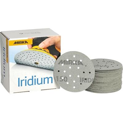 Mirka Iridium Premium Sandpaper Ø 77mm 20H Hook & loop Grit 150, 50 pcs/For sanding paint, putty, primer, wood, steel, mineral materials, plastic. Mirka Iridium Premium Sandpaper Ø 77mm 20H Hook & loop Grit 150, 50 pcs/For sanding paint, putty, primer, wood, steel, mineral materials, plastic.