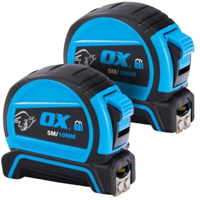 OX Pro Double Locking Tape Measure Metric Only 5m Twin Pack Magnetic End Hook, Double Sided Nylon-Coated Blade, Shock-Resistant Rubber Housing, Thumb Lock Release, Belt Clip OX Pro Double Locking Tape Measure Metric Only 5m Twin Pack Magnetic End Hook, Double Sided Nylon-Coated Blade, Shock-Resistant Rubber Housing, Thumb Lock Release, Belt Clip