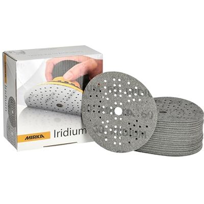 Mirka Iridium Premium Sandpaper Ø 125mm Hook & loop 89-Hole, Grit 60, 50 pcs/For sanding of paint, putty, primer, wood, steel, mineral materials, plastic. Mirka Iridium Premium Sandpaper Ø 125mm Hook & loop 89-Hole, Grit 60, 50 pcs/For sanding of paint, putty, primer, wood, steel, mineral materials, plastic.