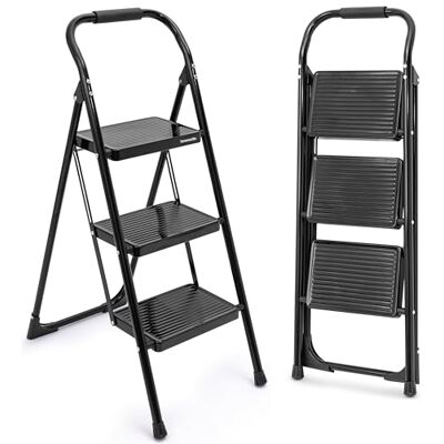 SereneLife 3-Step Ladder, Folding Step Stool for Adults, Wide Anti-Slip Pedal and Handrail, Sturdy Steel Build, 570 lbs Capacity, Portable Step Stool Ladder for Home and Office Use (Black) SereneLife 3-Step Ladder, Folding Step Stool for Adults, Wide Anti-Slip Pedal and Handrail, Sturdy Steel Build, 570 lbs Capacity, Portable Step Stool Ladder for Home and Office Use (Black)