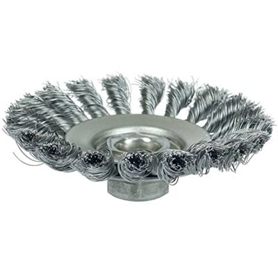 Weiler 13476 Dualife 5/8"-11 Arbor, 0.020" Wire Size, 4-1/2" Diameter, 3/8" Face Width, Steel Bristles, Knot Wire Bevel Brush Weiler 13476 Dualife 5/8"-11 Arbor, 0.020" Wire Size, 4-1/2" Diameter, 3/8" Face Width, Steel Bristles, Knot Wire Bevel Brush