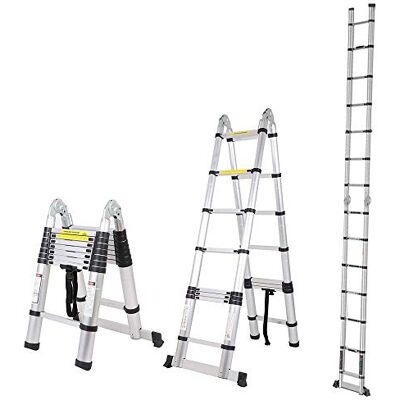 COOCHEER 5 m Telescopic Ladder, Aluminium Ladder, 2-in-1 Multifunctional Ladder, Folding Ladder, 150 kg Load Capacity (2.5 + 2.5 m, 16 Rungs) COOCHEER 5 m Telescopic Ladder, Aluminium Ladder, 2-in-1 Multifunctional Ladder, Folding Ladder, 150 kg Load Capacity (2.5 + 2.5 m, 16 Rungs)