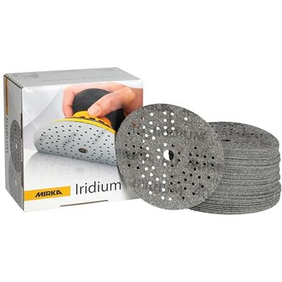 Mirka Iridium Premium Sandpaper Ø 125mm Hook & loop 89-Hole, Grit 40, 50 pcs/For sanding of paint, putty, primer, wood, steel, mineral materials, plastic. Mirka Iridium Premium Sandpaper Ø 125mm Hook & loop 89-Hole, Grit 40, 50 pcs/For sanding of paint, putty, primer, wood, steel, mineral materials, plastic.