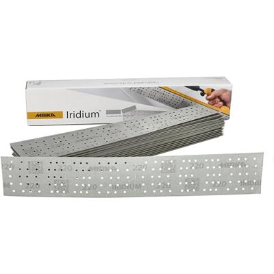 Mirka Iridium Premium Sandpaper 70x400mm and 70x198mm / Center perforated/Hook & loop/Grit 220, 50 pcs/For sanding paint, putty, primer, wood, steel, mineral materials, plastic. Mirka Iridium Premium Sandpaper 70x400mm and 70x198mm / Center perforated/Hook & loop/Grit 220, 50 pcs/For sanding paint, putty, primer, wood, steel, mineral materials, plastic.
