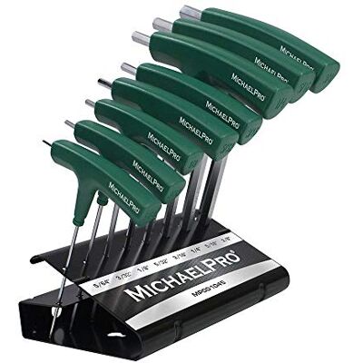 MichaelPro MP001045 8-Piece Two Way T-Handle Ball End Allen Wrench Set, T Handle Allen Key Set, T Bar Allen Keys Set, T Key, Allan Keys, Hex Keys Set with Convenient Storage Stand (SAE, Green) MichaelPro MP001045 8-Piece Two Way T-Handle Ball End Allen Wrench Set, T Handle Allen Key Set, T Bar Allen Keys Set, T Key, Allan Keys, Hex Keys Set with Convenient Storage Stand (SAE, Green)