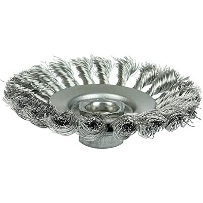 Weiler 13466 Dualife 5/8"-11 Arbor, 0.014" Wire Size, 4-1/2" Diameter,3/8" Face Width, 302 Stainless Steel Bristles, Knot Wire Bevel Brush, Made in the USA Weiler 13466 Dualife 5/8"-11 Arbor, 0.014" Wire Size, 4-1/2" Diameter,3/8" Face Width, 302 Stainless Steel Bristles, Knot Wire Bevel Brush, Made in the USA