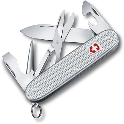 Victorinox Swiss Army Knife Pioneer X Alox Multi Tool 9 Functions Silver Durable 93 mm pocket knife with scissors, large blade, can opener, and reamer punch. Ribbed Alox scales. Swiss Made Victorinox Swiss Army Knife Pioneer X Alox Multi Tool 9 Functions Silver Durable 93 mm pocket knife with scissors, large blade, can opener, and reamer punch. Ribbed Alox scales. Swiss Made
