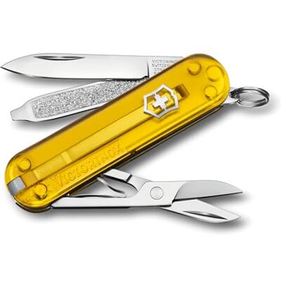 Victorinox Classic SD Mini Swiss Army Knife, Camping Pocket Knives, 7 Functions, Blade, Keyring, Yellow Transparent Victorinox Classic SD Mini Swiss Army Knife, Camping Pocket Knives, 7 Functions, Blade, Keyring, Yellow Transparent