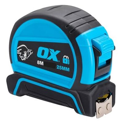 OX Pro Double Locking Tape Measure Metric Only 8m, Magnetic Tip Double Sided Nylon-Coated Blade, Shock-Resistant Rubber Housing, Thumb Lock Release, Belt Clip OX Pro Double Locking Tape Measure Metric Only 8m, Magnetic Tip Double Sided Nylon-Coated Blade, Shock-Resistant Rubber Housing, Thumb Lock Release, Belt Clip