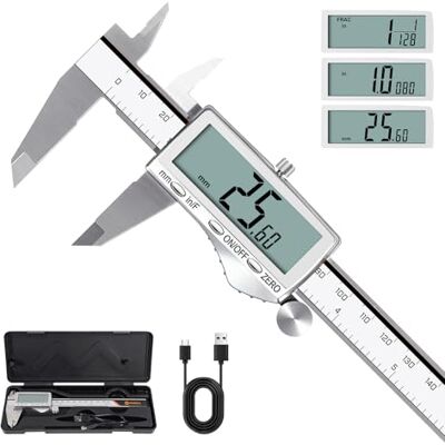 HARDELL Rechargeable Digital Caliper, Vernier Calipers with Large LCD Screen, Stainless Steel Caliper Measuring Tool, Auto-Off, Inch/MM/Fraction for DIY/Household/3D-printing HARDELL Rechargeable Digital Caliper, Vernier Calipers with Large LCD Screen, Stainless Steel Caliper Measuring Tool, Auto-Off, Inch/MM/Fraction for DIY/Household/3D-printing