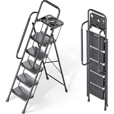 KINGRACK 5 Step Ladder, Folding Steel Step Ladder with Tool Tray, Handrail, Anti-Slip Wide Pedals, Safe Lock Design, Heavy Duty 226kg Load, Portable Ladder for Home, Outdoor, and Garage, Black KINGRACK 5 Step Ladder, Folding Steel Step Ladder with Tool Tray, Handrail, Anti-Slip Wide Pedals, Safe Lock Design, Heavy Duty 226kg Load, Portable Ladder for Home, Outdoor, and Garage, Black