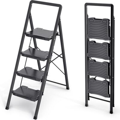 KINGRACK 4 Step Folding Ladder Steel Step Stool with Handrail, Wide Pedal, 330 lbs Capacity – Foldable Heavy Duty Ladder for Home, Kitchen – Black KINGRACK 4 Step Folding Ladder Steel Step Stool with Handrail, Wide Pedal, 330 lbs Capacity – Foldable Heavy Duty Ladder for Home, Kitchen – Black