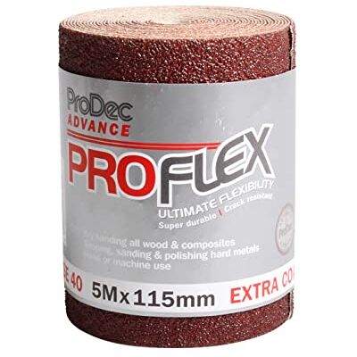 ProDec Advance 5m Roll 40 Grit Extra Coarse Grade ProFlex Ultra Flexible Crack Resistant Aluminium Oxide Abrasive Sanding Paper for Sanding Wood, Paint, Plaster, Filler, Metal and More, 115mm Wide ProDec Advance 5m Roll 40 Grit Extra Coarse Grade ProFlex Ultra Flexible Crack Resistant Aluminium Oxide Abrasive Sanding Paper for Sanding Wood, Paint, Plaster, Filler, Metal and More, 115mm Wide