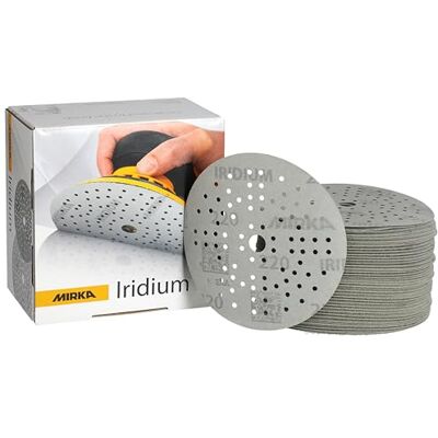 Mirka Iridium Premium Sandpaper Ø 125mm Hook & loop 89-Hole, Grit 220, 100 pcs/For sanding of paint, putty, primer, wood, steel, mineral materials, plastic. Mirka Iridium Premium Sandpaper Ø 125mm Hook & loop 89-Hole, Grit 220, 100 pcs/For sanding of paint, putty, primer, wood, steel, mineral materials, plastic.