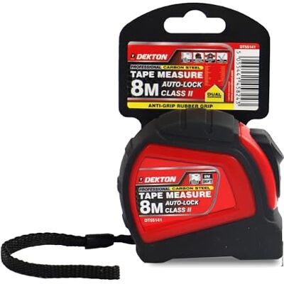 DEKTON 8m Professional Tape Measure – Class 2 Accurate, 25mm Double-Sided Nylon Blade, Metric & Imperial, Non-Slip Rubber Case with Metal Clip & Wrist Strap, Self-Locking DEKTON 8m Professional Tape Measure – Class 2 Accurate, 25mm Double-Sided Nylon Blade, Metric & Imperial, Non-Slip Rubber Case with Metal Clip & Wrist Strap, Self-Locking