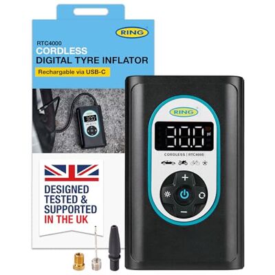 RING TYREINFLATE GO 4 Cordless Digital Air Compressor, Rechargeable Powerful Pump, Measures PSI, BAR & kPA, Memory Function, Ideal for Cars, Bicycles & Motorbikes RING TYREINFLATE GO 4 Cordless Digital Air Compressor, Rechargeable Powerful Pump, Measures PSI, BAR & kPA, Memory Function, Ideal for Cars, Bicycles & Motorbikes