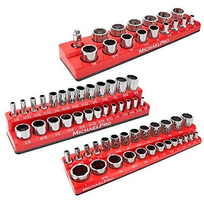 MichaelPro MP014003 Socket Spanner Rail Magnetic 3 Pieces 1/4 inch, 3/8 inch & 1/2 inch SAE Socket Wrench Holder, Professional Quality Socket Set Holder for Tool Boxes (SAE), Red MichaelPro MP014003 Socket Spanner Rail Magnetic 3 Pieces 1/4 inch, 3/8 inch & 1/2 inch SAE Socket Wrench Holder, Professional Quality Socket Set Holder for Tool Boxes (SAE), Red