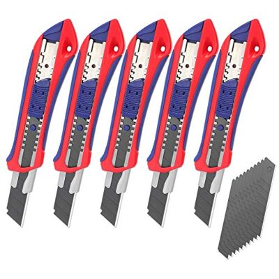 WORKPRO Utility Knife Set, 5-Pack 18 mm Box Cutters with 20 SK5 Replacement Blades, Professional Snap-Off Utility Knives with Rubber Grip, for Cutting Paper and Cardboard, Red WORKPRO Utility Knife Set, 5-Pack 18 mm Box Cutters with 20 SK5 Replacement Blades, Professional Snap-Off Utility Knives with Rubber Grip, for Cutting Paper and Cardboard, Red