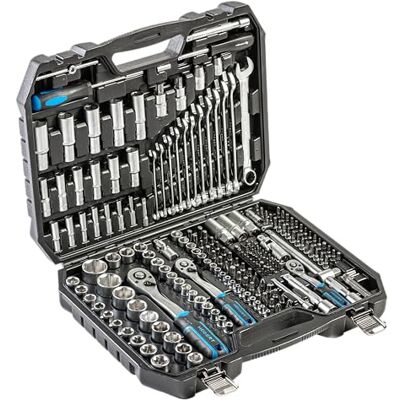 Högert Technik Tool Set 222 Pieces, Socket Spanner and Bit Set 1/4 Inch & 3/8 Inch & 1/2 Inch CRV Steel, Fork Ring Spanner, DIN 3124, in Steel Case Högert Technik Tool Set 222 Pieces, Socket Spanner and Bit Set 1/4 Inch & 3/8 Inch & 1/2 Inch CRV Steel, Fork Ring Spanner, DIN 3124, in Steel Case