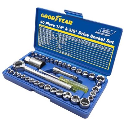 Goodyear 40PC 1/4" and3/8 Drive Socket Set Contains Metric, Imperial Sockets, Spark Plug Socket,Spline Sockets,Extra Round Walls, Include Spinner Handle, Ratchet Handle, Extension bar, Adaptor, disc Goodyear 40PC 1/4" and3/8 Drive Socket Set Contains Metric, Imperial Sockets, Spark Plug Socket,Spline Sockets,Extra Round Walls, Include Spinner Handle, Ratchet Handle, Extension bar, Adaptor, disc