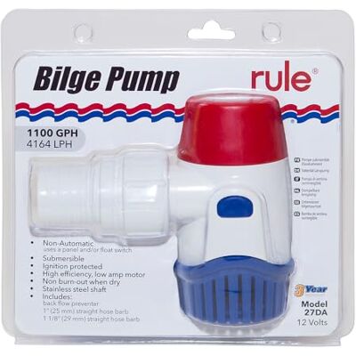 Rule 1100 GPH 27DA Standard Bilge Pump-1100, Blue Marine Bilge Pump for Boats with Thermal Cut-Off, Check Valve, Low Amperage, 3/4" Threaded Ports, Ideal Boat Accessories Rule 1100 GPH 27DA Standard Bilge Pump-1100, Blue Marine Bilge Pump for Boats with Thermal Cut-Off, Check Valve, Low Amperage, 3/4" Threaded Ports, Ideal Boat Accessories