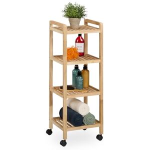 Relaxdays Storage Shelf, Wood, HxWxD: 97 x 35 x 31 cm, Rack on Wheels, 4 Tiers, for Bathroom & Kitchen, Natural, Plastic Relaxdays Storage Shelf, Wood, HxWxD: 97 x 35 x 31 cm, Rack on Wheels, 4 Tiers, for Bathroom & Kitchen, Natural, Plastic