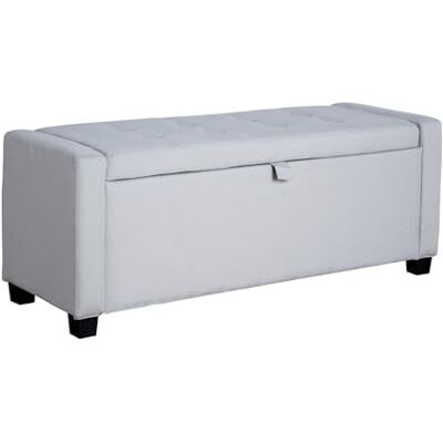 Home Source Storage Ottoman, Lift Up Lid Chest, Footstool Bench, Bedding Blanket Toy Box, Deep Button Detail, 110cm, Grey Linen Home Source Storage Ottoman, Lift Up Lid Chest, Footstool Bench, Bedding Blanket Toy Box, Deep Button Detail, 110cm, Grey Linen