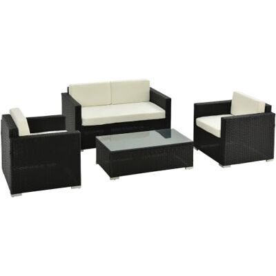 Outsunny 4 Pieces Outdoor PE Rattan Sofa Set with Cushions, Black Patio Wicker Conversation Furniture Set, Glass Top Coffee Table Outsunny 4 Pieces Outdoor PE Rattan Sofa Set with Cushions, Black Patio Wicker Conversation Furniture Set, Glass Top Coffee Table