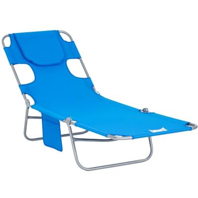Outsunny Foldable Sun Loungers Beach Chaise Lounge Blue Reading Hole, Arm Slots, 5-Position Adjustable Backrest, Side Pocket, Pillow, Garden, Beach, Camping Outsunny Foldable Sun Loungers Beach Chaise Lounge Blue Reading Hole, Arm Slots, 5-Position Adjustable Backrest, Side Pocket, Pillow, Garden, Beach, Camping