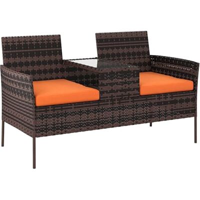 Outsunny 2 Seat Rattan Garden Bench, Patio Wicker Chair with Glass Tea Table, Outdoor Love Seat with Padded Cushions, for Garden, Porch, Brown/Orange Outsunny 2 Seat Rattan Garden Bench, Patio Wicker Chair with Glass Tea Table, Outdoor Love Seat with Padded Cushions, for Garden, Porch, Brown/Orange