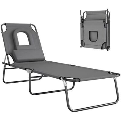 Outsunny Folding Sun Lounger with Face Hole, 4-Position Adjustable Backrest Garden Recliner Chair Sunbed, Outdoor Lounge Chair with 600 D Oxford Cloth Seat, Pillow for Beach, Dark Grey Outsunny Folding Sun Lounger with Face Hole, 4-Position Adjustable Backrest Garden Recliner Chair Sunbed, Outdoor Lounge Chair with 600 D Oxford Cloth Seat, Pillow for Beach, Dark Grey