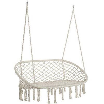 Outsunny 2-Seater Hanging Hammock Chair, Cotton-Polyester Blend Macrame Hanging Rope Chair with Metal Frame, for Patio, Garden, Balcony, Living Room, Cream White Outsunny 2-Seater Hanging Hammock Chair, Cotton-Polyester Blend Macrame Hanging Rope Chair with Metal Frame, for Patio, Garden, Balcony, Living Room, Cream White