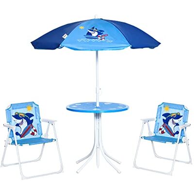 Outsunny Kids Outdoor Bistro Table and Chair Set, Folding Garden Furniture w/Shark Design, Removable, Adjustable Sun Umbrella, Ages 3-6 Years Blue Outsunny Kids Outdoor Bistro Table and Chair Set, Folding Garden Furniture w/Shark Design, Removable, Adjustable Sun Umbrella, Ages 3-6 Years Blue