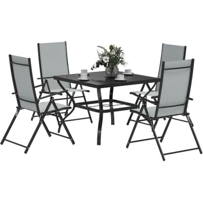 Outsunny 5 Pieces Garden Dining Set with Parasol Hole, 4 Seater, Grey Garden Furniture Set, Outdoor Dining Table, High Back Folding Chairs, Square Metal Tabletop, for Patio Outsunny 5 Pieces Garden Dining Set with Parasol Hole, 4 Seater, Grey Garden Furniture Set, Outdoor Dining Table, High Back Folding Chairs, Square Metal Tabletop, for Patio