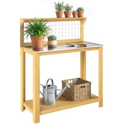 Outsunny Wooden Potting Bench Table with Aluminium Worktop, Outdoor Garden Workbench with 2 Shelves and Grid Design for DIY, Planting Work Station for Patio, Yard, Balcony, 100 x 48 x 119 cm, Yellow Outsunny Wooden Potting Bench Table with Aluminium Worktop, Outdoor Garden Workbench with 2 Shelves and Grid Design for DIY, Planting Work Station for Patio, Yard, Balcony, 100 x 48 x 119 cm, Yellow