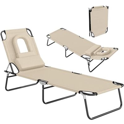 Outsunny Folding Sun Lounger with Face Hole, 4-Position Adjustable Backrest Garden Recliner Chair Sunbed, Outdoor Lounge Chair with 600 D Oxford Cloth Seat, Pillow for Beach, Beige Outsunny Folding Sun Lounger with Face Hole, 4-Position Adjustable Backrest Garden Recliner Chair Sunbed, Outdoor Lounge Chair with 600 D Oxford Cloth Seat, Pillow for Beach, Beige