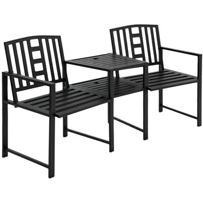 Outsunny Patio Tete-a-tete Chair 2 Seat Bench Middle Coffee Table w/Umbrella Hole for Outdoors Decorative Slatted Design Steel Frame Black Outsunny Patio Tete-a-tete Chair 2 Seat Bench Middle Coffee Table w/Umbrella Hole for Outdoors Decorative Slatted Design Steel Frame Black